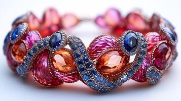 Elegant bracelet adorned sapphires and garnets in an abstract pattern closeup view capturing the intricate detailing of the gems against a white background photo