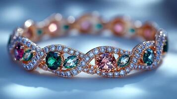 Elegant bracelet featuring vivid emeralds topaz gems arranged in a delicate curve closeup field highlighting the gem textures on a white background photo