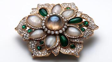 Brooch featuring combination of moonstone and emerald gems in a geometric design closeup view focusing on the gem details against a pure white background photo