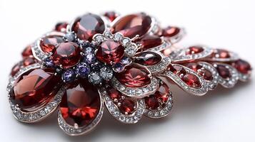 Brooch featuring bold garnet topaz gems arranged in a flowing pattern closeup field capturing the intricate details on a pristine white background photo