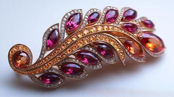 Brooch showcasing intricate pattern of ruby and citrine stones arranged in a flowing design closeup view focusing on the luminous gems against a white backdrop photo