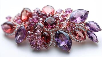 Brooch adorned large tourmalines and amethysts arranged in a cascading pattern closeup shot focusing on the luminous stones against a pure white backdrop photo
