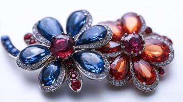 Brooch crafted shimmering sapphires and garnets arranged in an intricate floral design closeup shot capturing the gem details on a white background photo