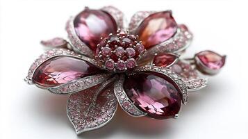 Brooch adorned delicate garnets and pink diamonds arranged in a floral design closeup field highlighting the intricate gemstone textures on a pure white background photo