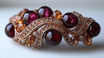 Brooch adorned garnet and citrine gems in a flowing abstract design closeup view emphasizing the luminous stones on a clean white backdrop photo