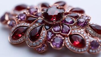 Brooch adorned large garnets and amethysts arranged in an intricate floral pattern closeup shot capturing the radiant stones on a clean white background photo