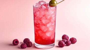 Chilled raspberry beverage gleaming with crushed ice and garnished with an olive photo