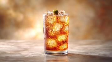 A chilled cocktail filled with ice and garnished with an olive sparkles in the light photo