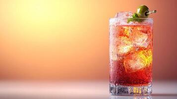 A bubbly drink with ice and an olive invites relaxation on a smooth surface photo
