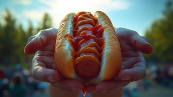 An enticing hot dog topped with mustard and ketchup is presented in hands outdoors photo