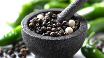 A rustic mortar holds peppercorns and fresh green chilies, ready to use photo