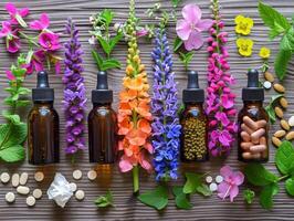 Aromatic oils, flowers, and supplements arranged on a wooden surface photo