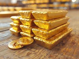 Gold bars and Bitcoin coins on a wooden surface photo
