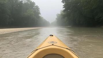 Paddling gently down a serene river, enveloped in fog, with trees lining the banks photo