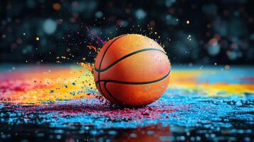 A basketball bounces, creating a splash of vibrant colors against a beautifully lit background photo