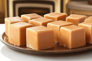 Caramel fudge squares sit invitingly on a rustic plate, enhancing a cozy kitchen vibe photo