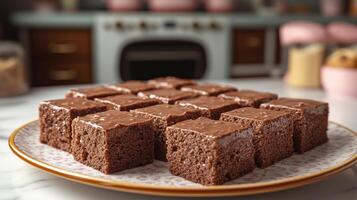 Soft, delicious chocolate squares are neatly placed on a decorative plate, inviting enjoyment photo