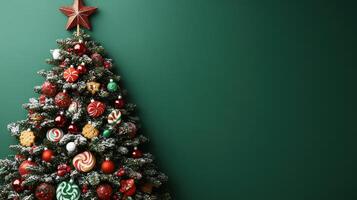 A colorful Christmas tree adorned with ornaments, sweets, and a shining star spreads cheer photo