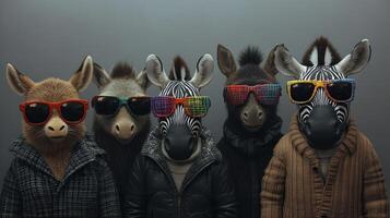 Cool animals in colorful sunglasses radiate style in a trendy setting photo