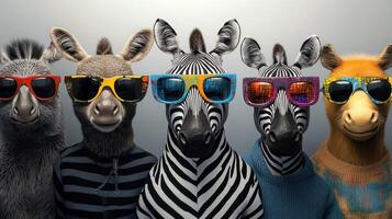 Lively animals display their vibrant personalities through trendy sunglasses and playful attire photo