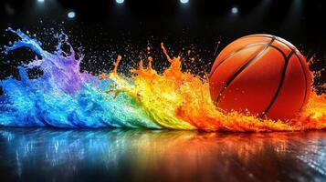 A basketball swiftly dribbles across the court, creating vivid splashes of color in its wake photo