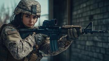 A focused soldier aims precisely in an urban setting, displaying strength and concentration photo