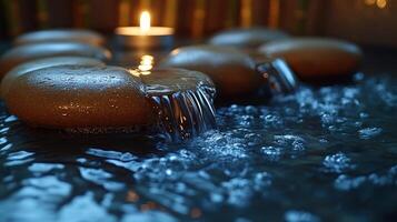 Smooth stones glisten as water gently cascades over them, illuminated by soft candlelight photo