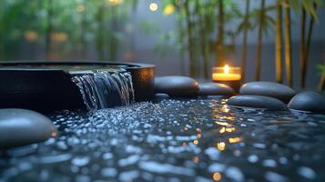 A soothing waterfall flows over stones, illuminated by a gentle candle glow in the background photo