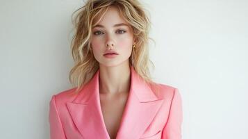 Model radiates confidence in a pink suit, with soft waves framing her face in a simple setting photo