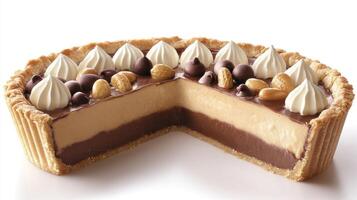 A luscious tart with layers of chocolate and peanut butter, topped with whipped cream and nuts photo