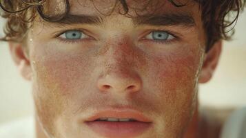 A young man gazes directly at the viewer, showcasing his captivating blue eyes and freckles photo