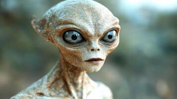 A curious alien stands in a tranquil environment, observing with wide, expressive eyes photo