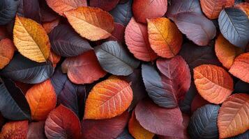A colorful array of autumn leaves in reds, oranges, and purples blankets the ground photo