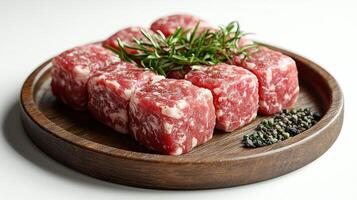Freshly cut meat cubes elegantly displayed on a rustic wooden plate with herbs nearby photo