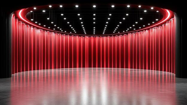 un dramático espacio emerge con rojo cortinas cascada abajo, iluminado por brillante luces gastos generales foto