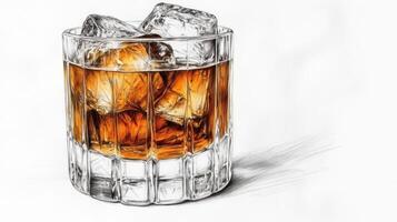 A chilled glass of bourbon with ice sits on a table, inviting moments of laughter and camaraderie photo