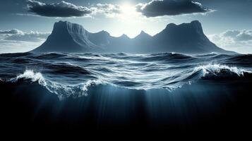 Waves cascade gently as the sun sets, illuminating towering peaks in an ethereal glow photo