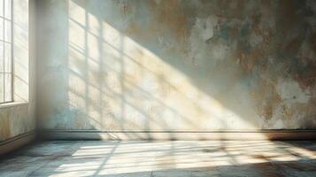 Warm sunlight streams through a dusty window, creating gentle shadows on a weathered floor photo