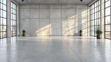Sunlight spills into a spacious urban interior, enhancing the minimalist design and greenery photo