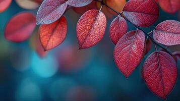 Vibrant red leaves shimmer with moisture in the soft glow of an enchanting blurred backdrop photo
