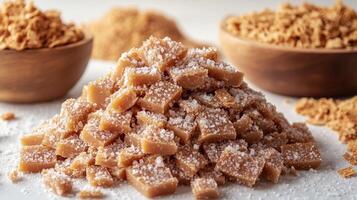 A vibrant array of caramel treats set against rustic bowls of assorted sugars photo