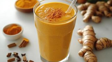 A vibrant turmeric smoothie with ginger and spices sits ready on the countertop, inviting wellness photo