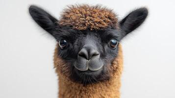 A charming alpaca showcases its unique, expressive face against a subtle backdrop photo