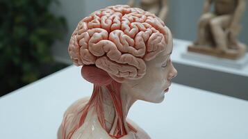 A stunning model showcases the brain's structures and neck connections in a pristine exhibit photo