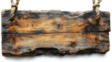 A weathered wooden sign with unique grain patterns hangs gently from twine photo