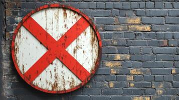 A weathered sign with a bold red cross displays rustic charm on a gray brick backdrop photo