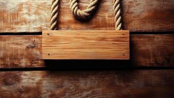 A rustic wooden sign hangs from braided rope, adding warmth to a cozy space photo