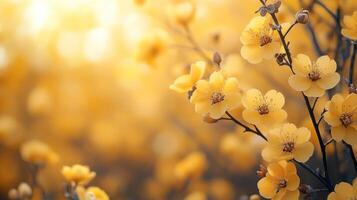 Delicate yellow flowers bloom vibrantly, illuminated by soft golden light in an enchanting setting photo