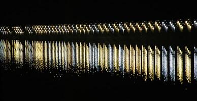 Row of lights reflected on a river. The lights are staggered creating a dense arrangement. photo