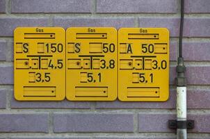 Gate valve sign for natural gas pipes in Germany. The abbreviation on the top left specifies the type of gate valve. The other numbers give size and position of the pipe. photo